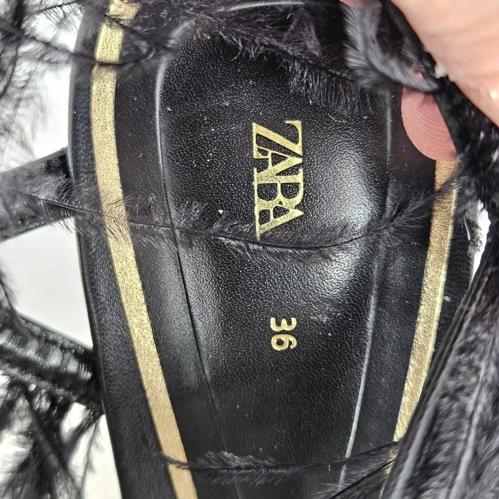 Zara Black Feather Trim Gold Block Heel Sandals Wrap Ankle Strap Womens 6 NEW‎ - Picture 9 of 9
